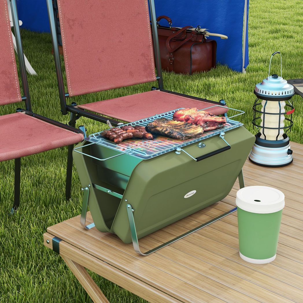 Outsunny Portable BBQ Grill with Suitcase Design for Camping Picnic Party, Green