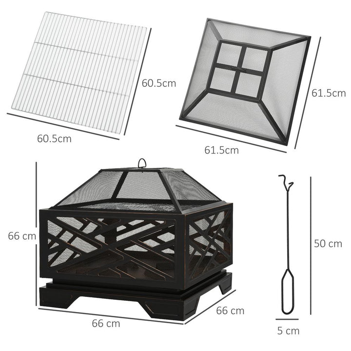 Fire Pit Metal Brazier BBQ  Screen Cover Poker, Black 66cm Square