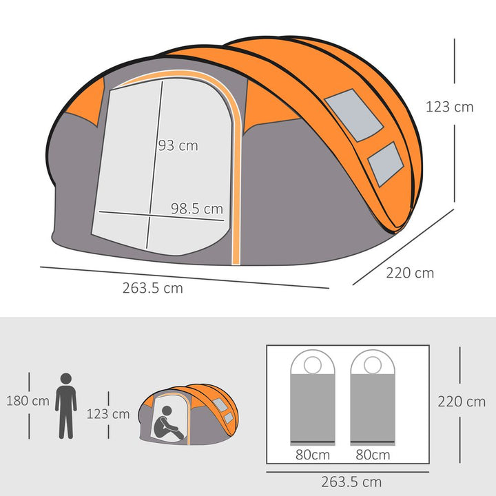 Camping Tent Dome Pop-up Tent  with Windows for 4-5 Person Orange Outsunny