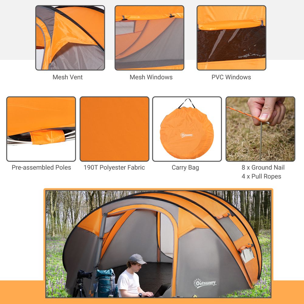 Camping Tent Dome Pop-up Tent  with Windows for 4-5 Person Orange Outsunny