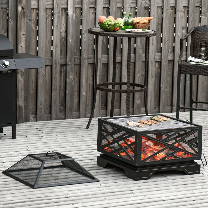 Fire Pit Metal Brazier BBQ  Screen Cover Poker, Black 66cm Square