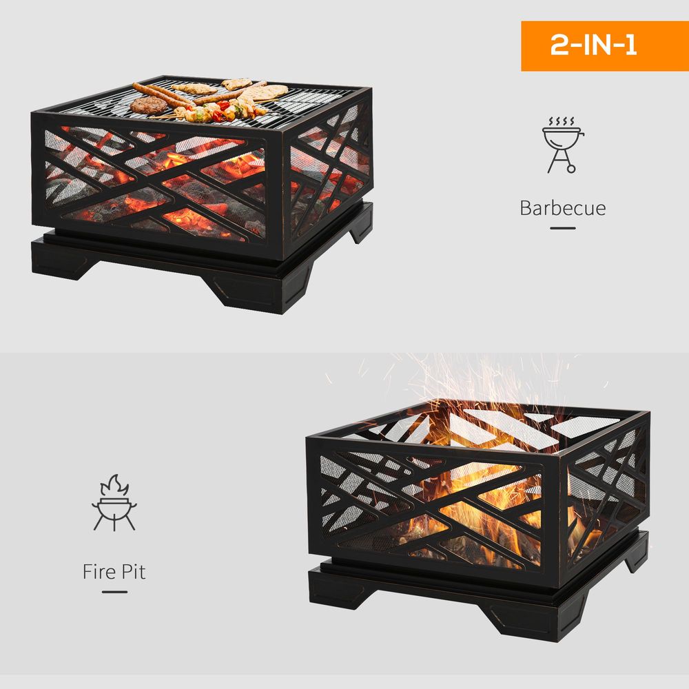 Fire Pit Metal Brazier BBQ  Screen Cover Poker, Black 66cm Square