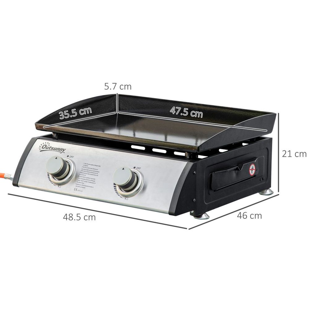 Portable Gas Plancha BBQ Grill with 2 Stainless Steel Burner, 6kW