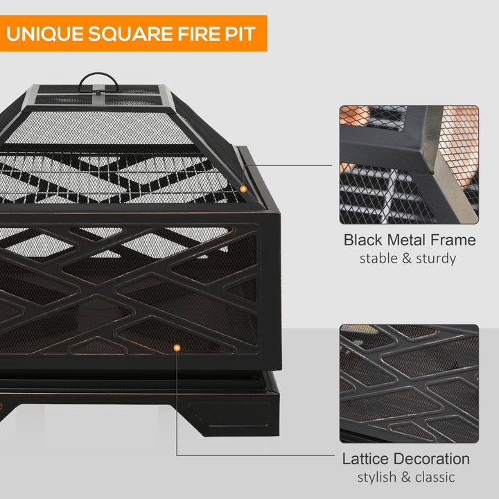 Fire Pit Metal Brazier BBQ  Screen Cover Poker, Black 66cm Square