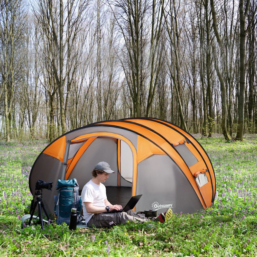 Camping Tent Dome Pop-up Tent  with Windows for 4-5 Person Orange Outsunny