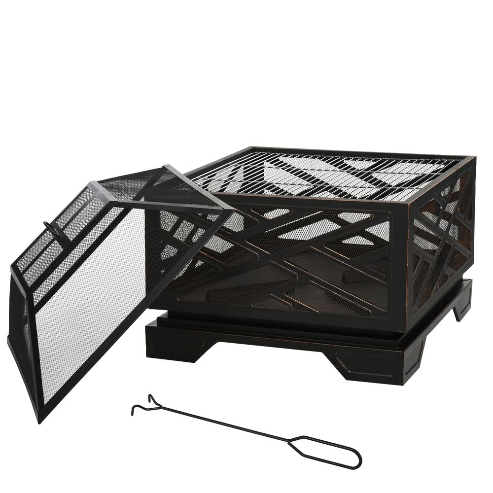 Fire Pit Metal Brazier BBQ  Screen Cover Poker, Black 66cm Square